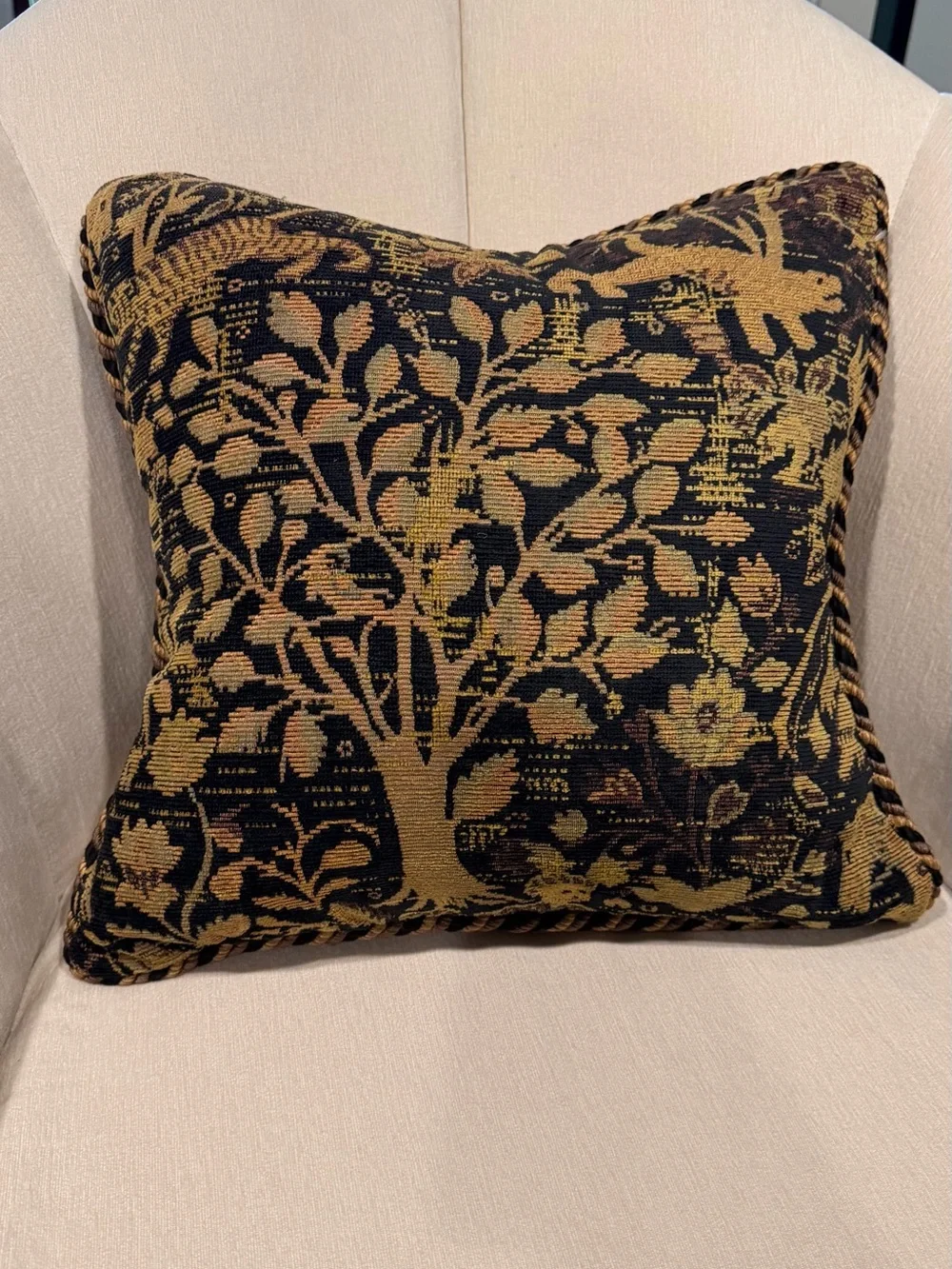 Vintage Woven Tapestry Throw Pillow 15x15 Elephant  Tree Double Sided